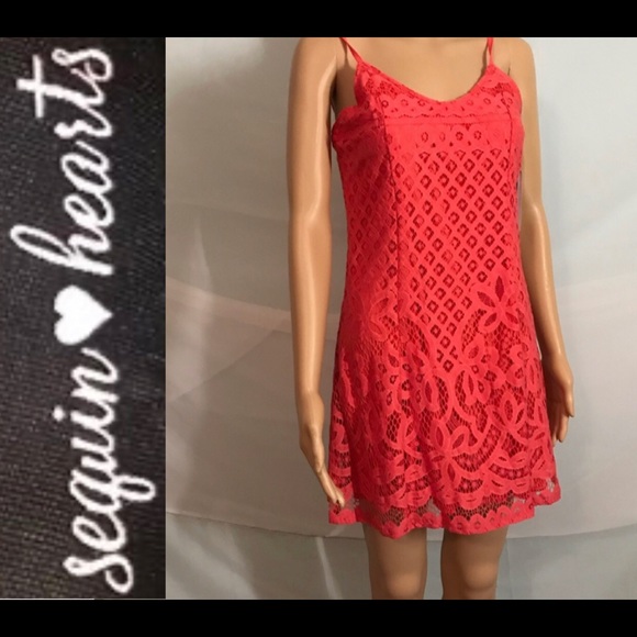 Sequin Hearts Dresses & Skirts - 🇺🇸 Coral Lace Mini Sun Dress